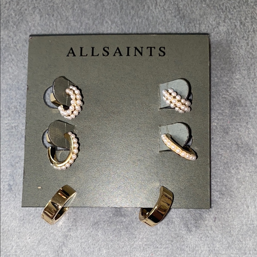 BNWT All Saints Gold and White Pearl Set of 3 Huggie Hoop Earrings